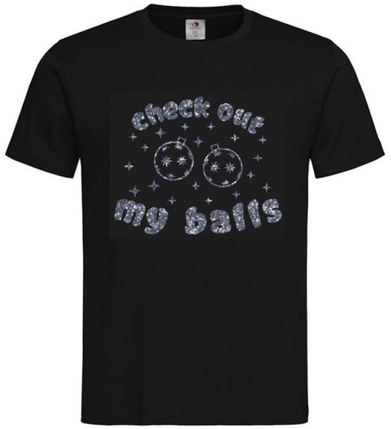 T-shirt Unisex Volwassenen Fout Foute Kerst Kerstmis Grappig Grappige Tekst "Check out my balls" Voodoo Bear | korte mouw | Zwart/Zilver zwart GLITTER | maat XL