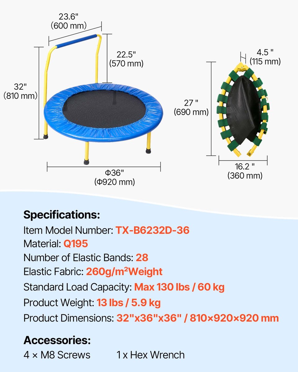 VEVOR Trampoline Tuintrampoline 810x920x920 mm, Opvouwbare Trampoline Mini 60 kg Draagvermogen Fitnesstrampoline, Kindertrampoline Peutertrampoline Blauw Binnen/Buiten/Tuin/Binnen — afbeelding 7