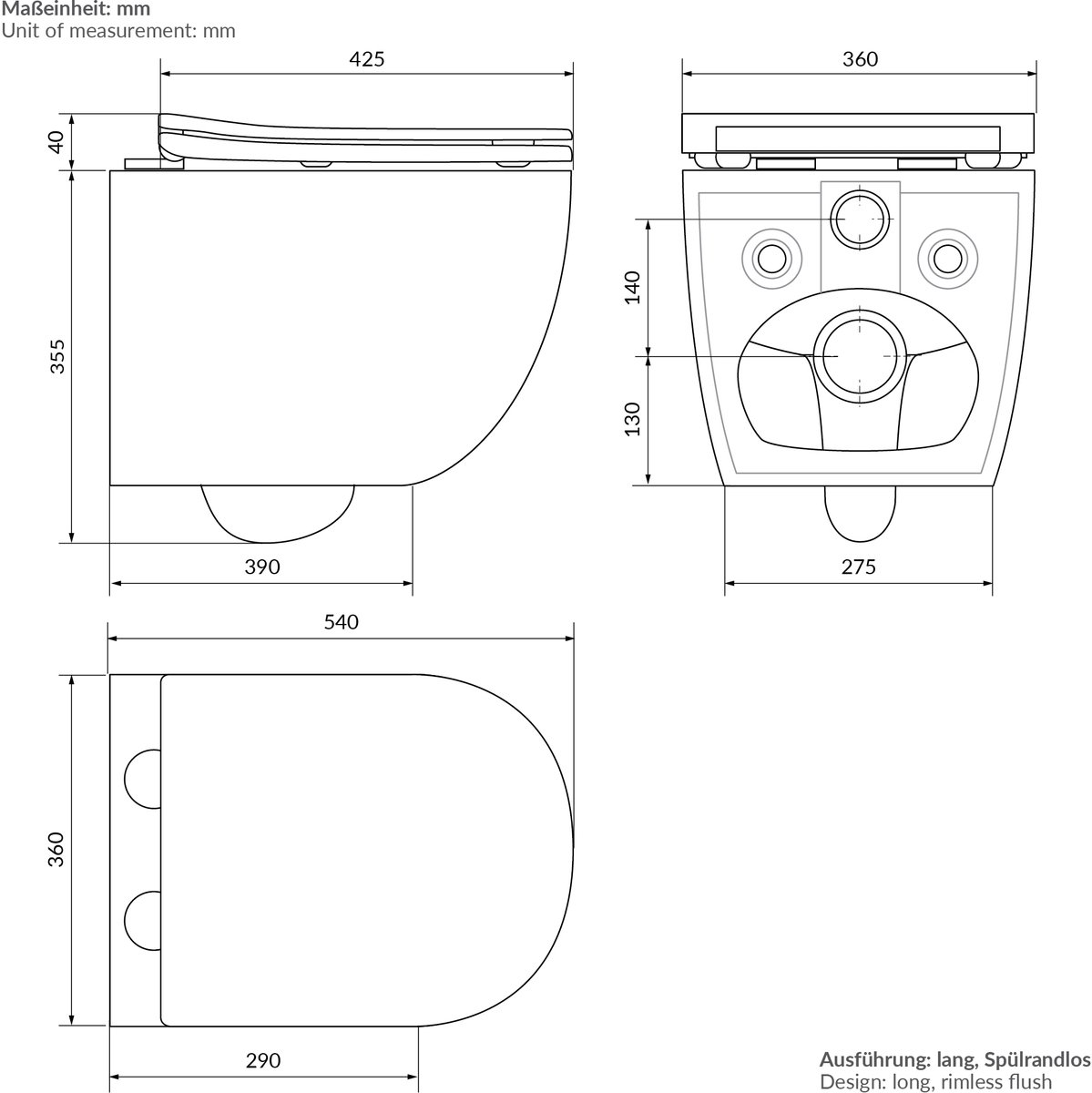Keramisch wandcloset in zwart mat 54cm lang randloos met soft-close LuxeBath