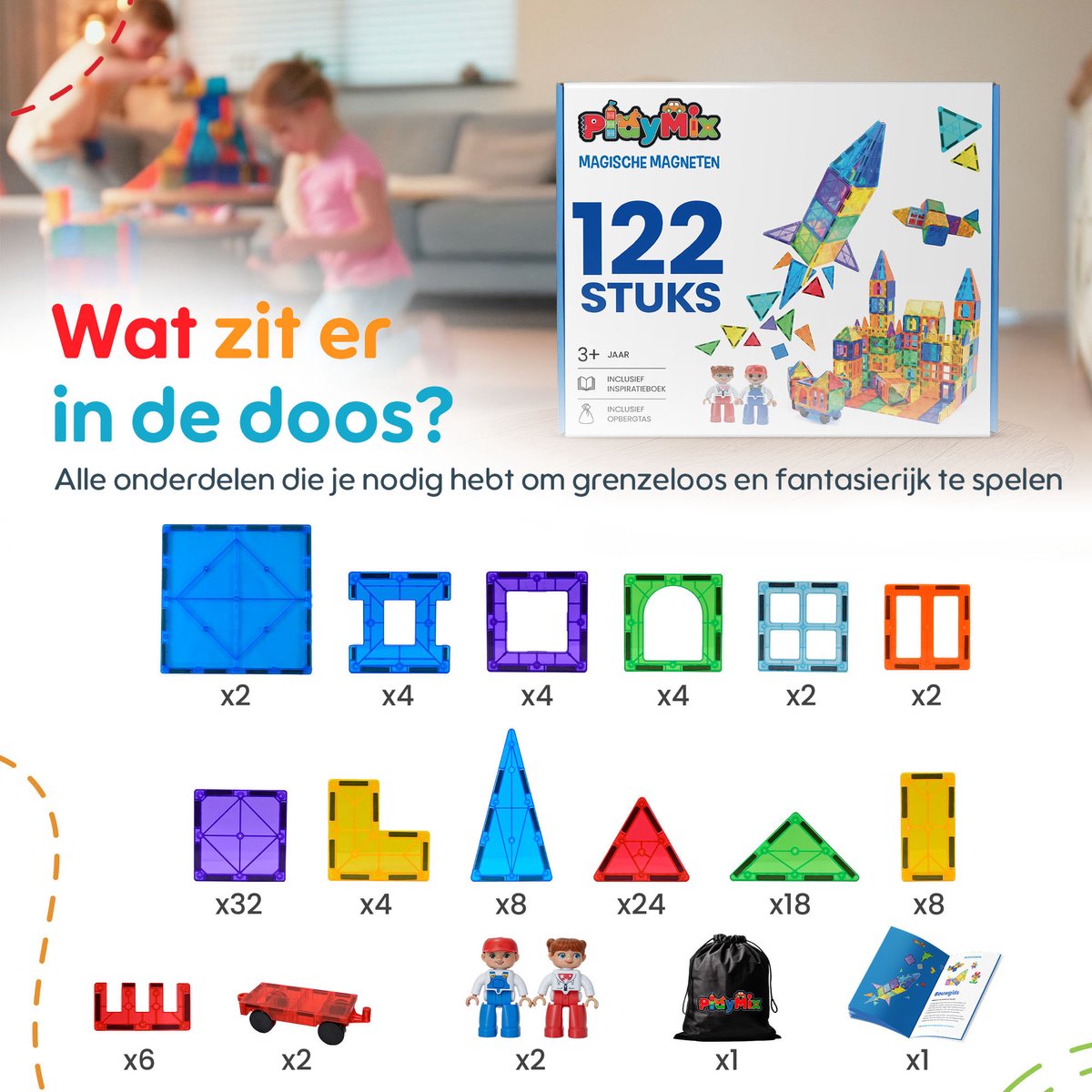 PlayMix Magnetic Tiles - 122 Stuks - Magnetisch Speelgoed - Bouwspeelgoed - Bouwblokken - Magna - Magneten Speelgoed - Magnetische Tegels - Bouwstenen - Montessori Speelgoed - Educatief Speelgoed - Jongens & Meisjes — cadeau in Spellen & Speelgoed - foto 5