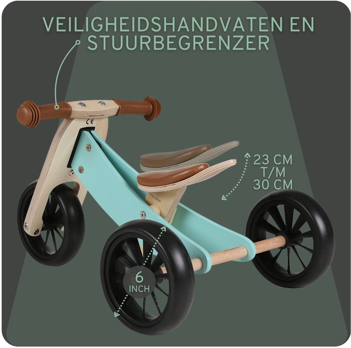 Bandits & Angels Smart Bike Loopfiets Hout 4-in-1 Mint vanaf 1 jaar - Voor Jongens en Meisjes - Houten Loop Fiets - Omkeerbaar in Driewieler en Tweewieler - Verstelbaar Zadel — afbeelding 4