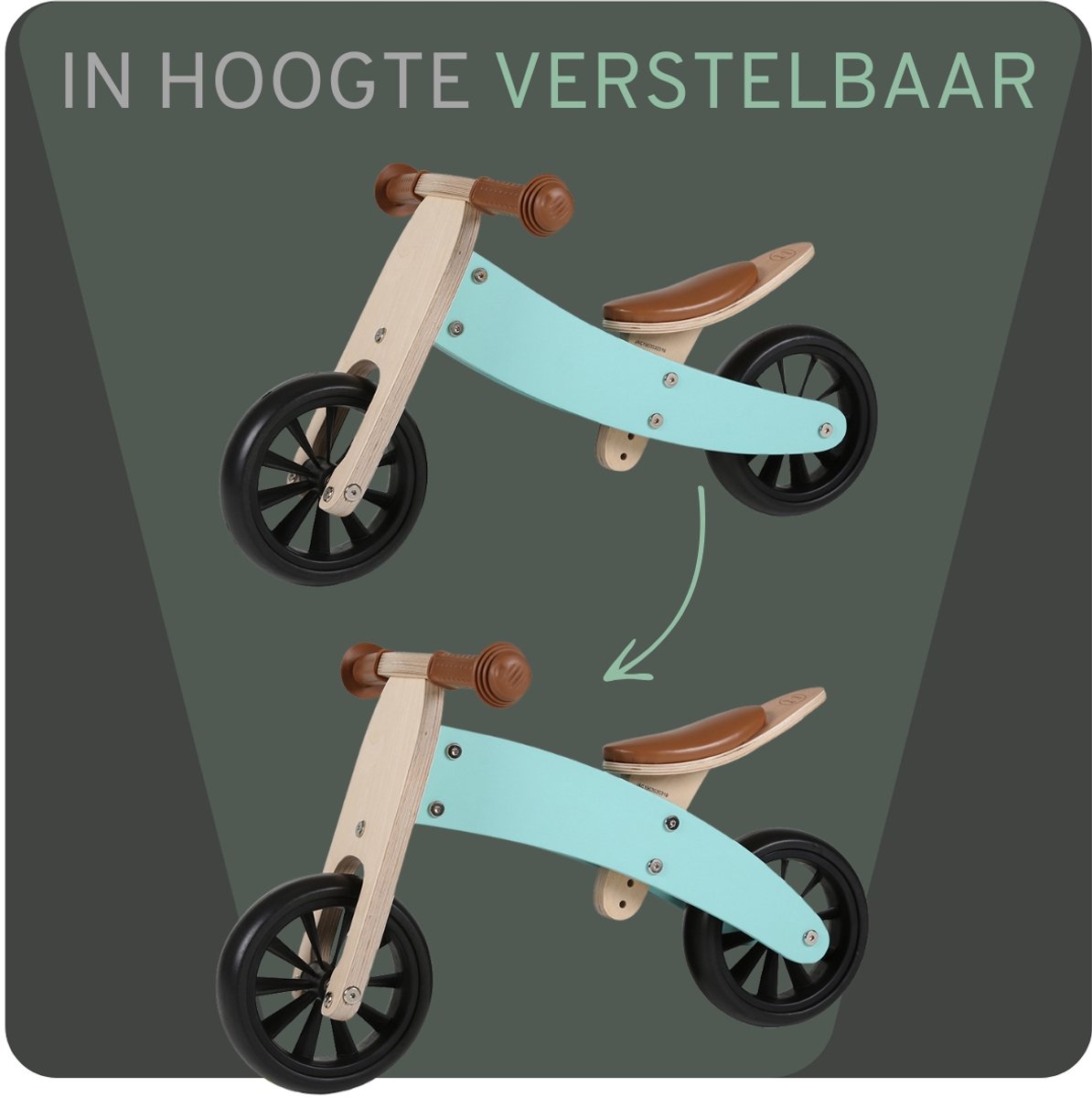 Bandits & Angels Smart Bike Loopfiets Hout 4-in-1 Mint vanaf 1 jaar - Voor Jongens en Meisjes - Houten Loop Fiets - Omkeerbaar in Driewieler en Tweewieler - Verstelbaar Zadel — afbeelding 8