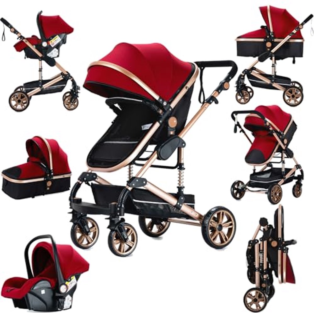 Image of 3-in-1 kinderwagen met draagbare reiswieg en opvouwbare buggy voor pasgeborenen - Rood