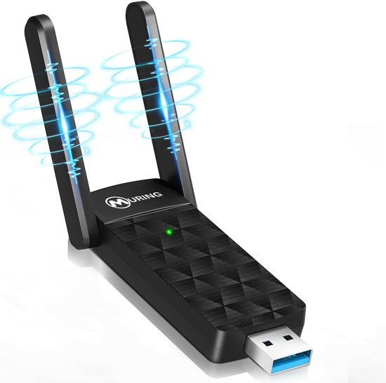 Zwarte Muring WiFi-adapter met ruitpatroon, dubbele antennes en blauwe signaalgolven. Met een USB 3.0-connector.