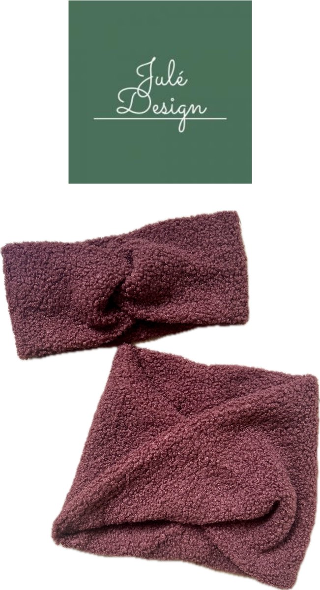 Julé Design winter teddy combi set bordeaux rood colsjaal / haarband dames
