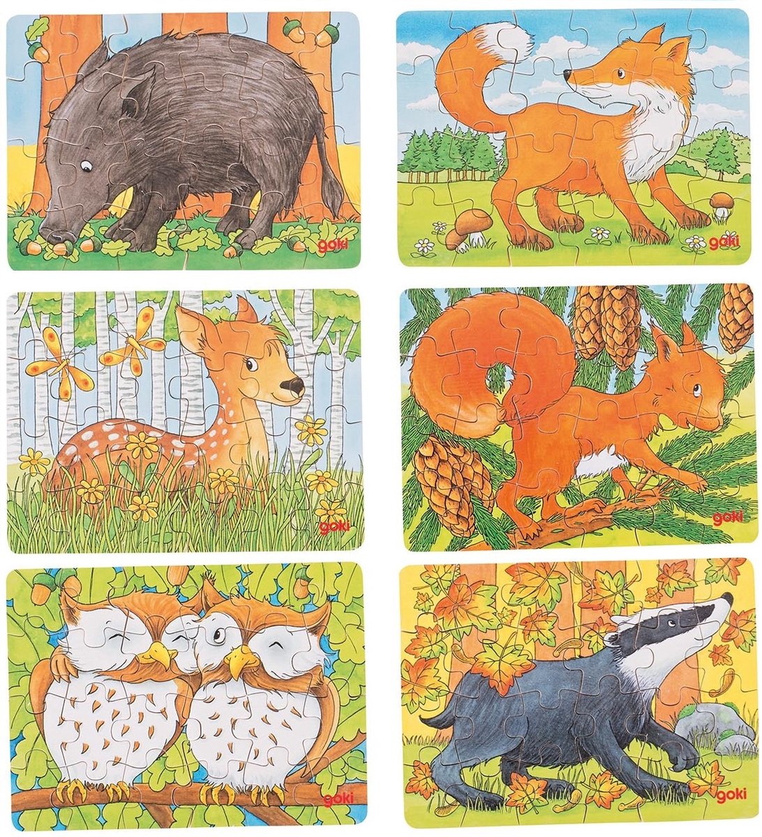 Set van 6 houten mini-puzzels - Bosdieren - 6 x 24 stukjes