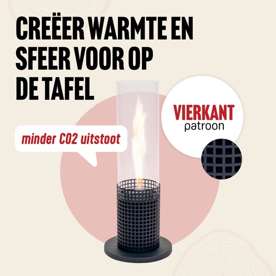 Livin sfeerhaard met vierkant patroon en tekst 'minder CO2 uitstoot'.