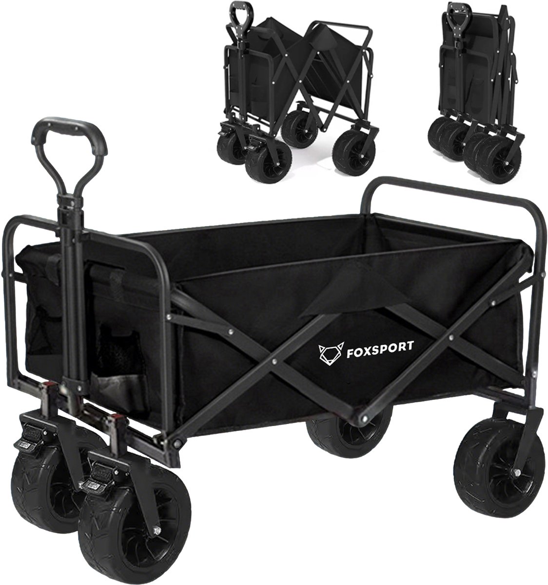 Foxsport Bolderkar - Opvouwbaar - 100L - Grote wielen met rem - Inclusief opbergtas - Verstelbare hendel - 94×58×59cm – 100KG – Zwart