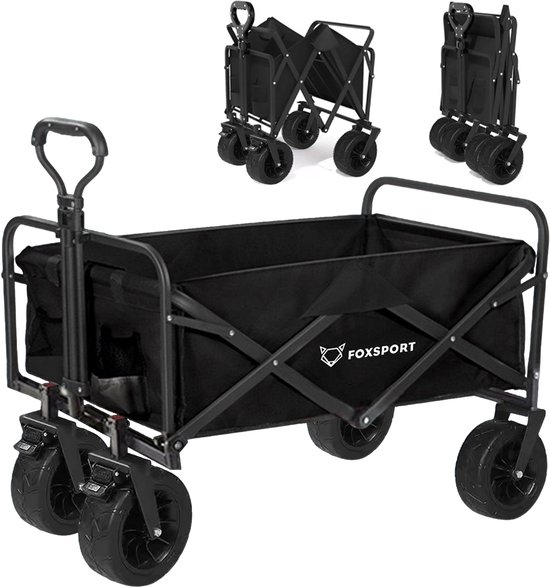 Foxsport Bolderkar - Opvouwbaar - 100L - Grote wielen met rem - Inclusief opbergtas - Verstelbare hendel - 94×58×59cm – 100KG – Zwart