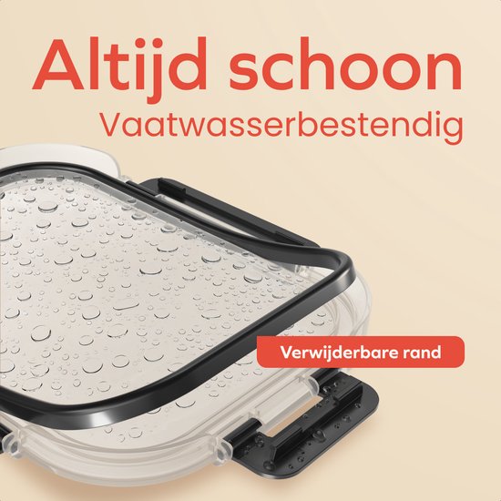 Sluiting van een glazen vershoudbakje met waterdruppels op het deksel. 'Altijd schoon - Vaatwasserbestendig - Verwijderbare rand'.