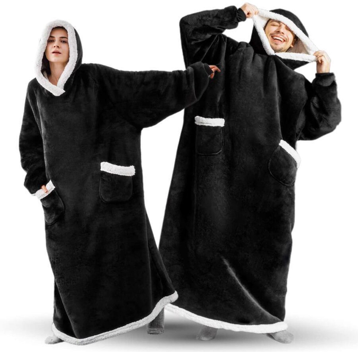 CALIYO Fleece Deken - Hoodie Deken - Blanket met Mouwen en Capuchon – Dames & Heren - Sherpa Fleece – TV Deken - Bank Deken - 200 x 150cm - Zwart