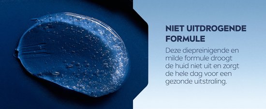 Donkerblauwe gel met belletjes wordt uit de tube gedrukt. Tekst: 'Niet uitdrogende formule'.