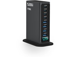 Staza 520W 8-Poorts USB Oplaadtoren – Snellader 100W – 4x USB-C PD 100W + 4x USB-A QC 30W – GaN Technologie – Geschikt voor Smartphone, Tablet en Laptop – Zwart