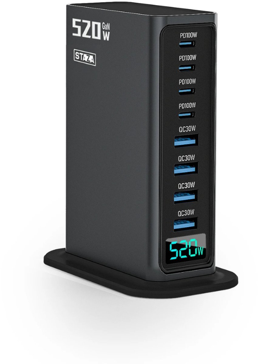 Staza 520W 8-Poorts USB Oplaadtoren - Snellader 100W - 4x USB-C PD 100W + 4x USB-A QC 30W - GaN Technologie - Geschikt voor Smartphone, Tablet en Laptop - Zwart