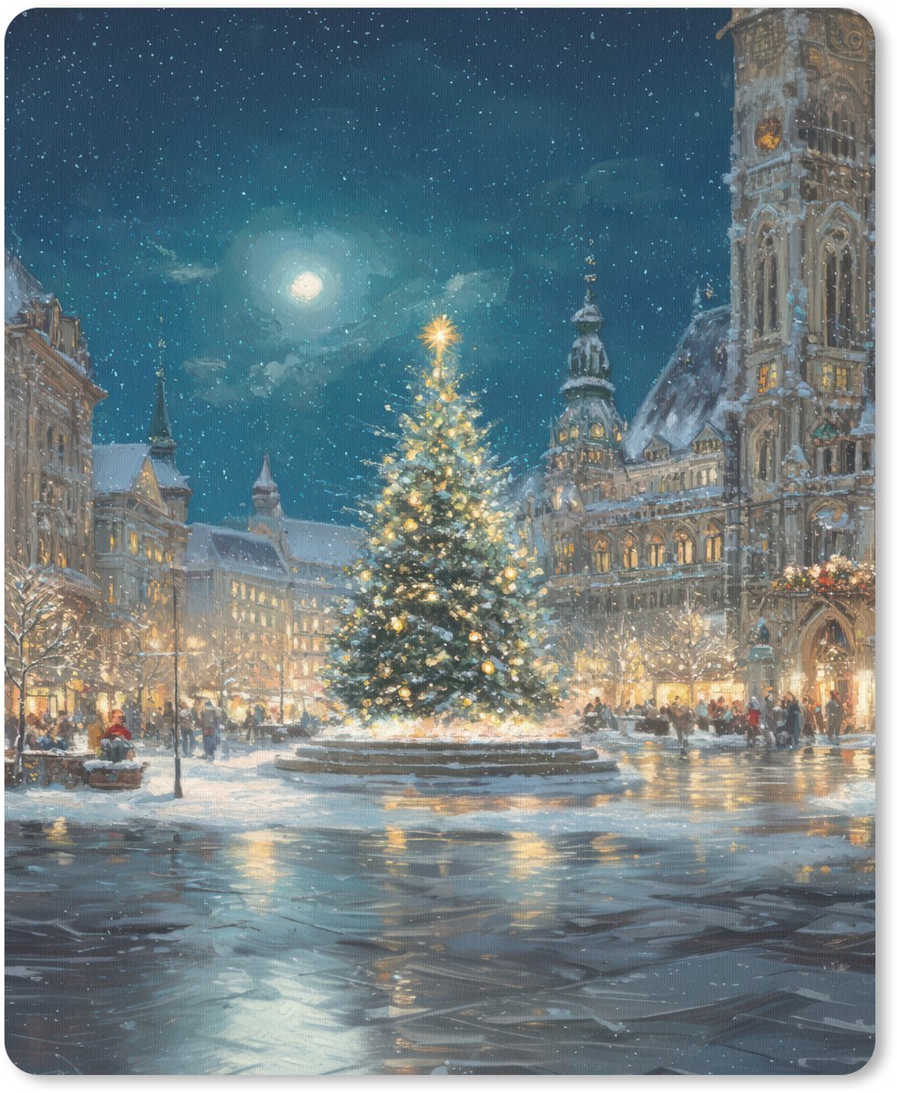 Muismat 19x23 cm - Mousepad Kerstnacht - Stadsplein - Meerkleurig - Muismatten