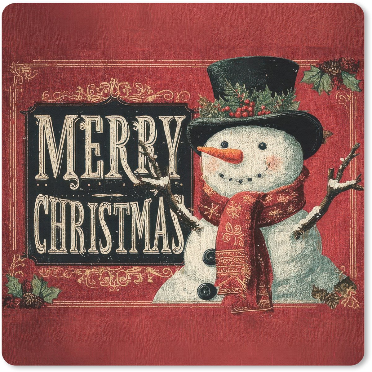 Muismat 30x30 cm - Mousepad Klassiek - Kerstgroet - Sneeuwpop - Rood - Muismatten