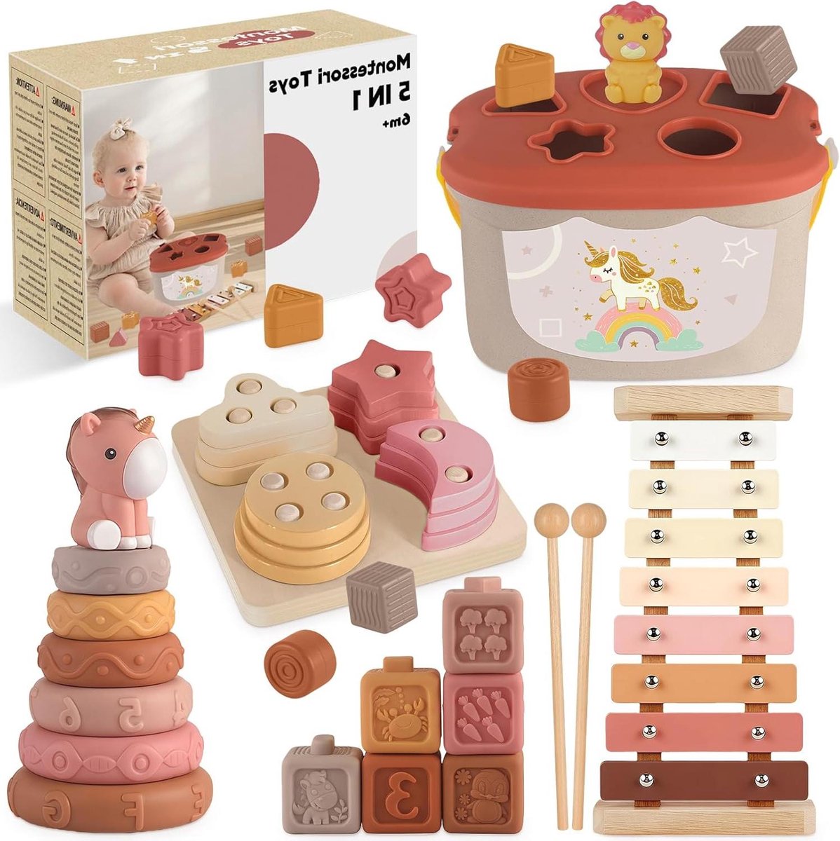 Provento - Montessori speelgoed voor baby's van 6 maanden en ouder - kruipspelletjes met xylofoon, stapelkubussen en vormsorteerder - educatief speelgoed