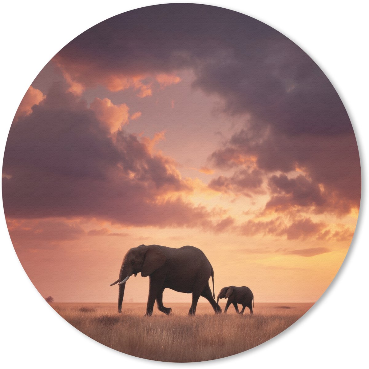 Muismat rond 30x30 cm - Mousepad Olifanten - Grasland - Zonsondergang - Ronde muismatten