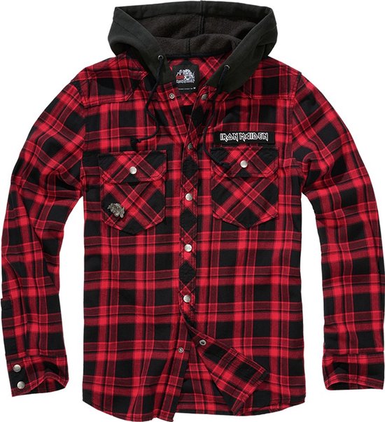 Rood met zwart geruit overhemd met capuchon, twee borstzakken met 'Iron Maiden' logo.