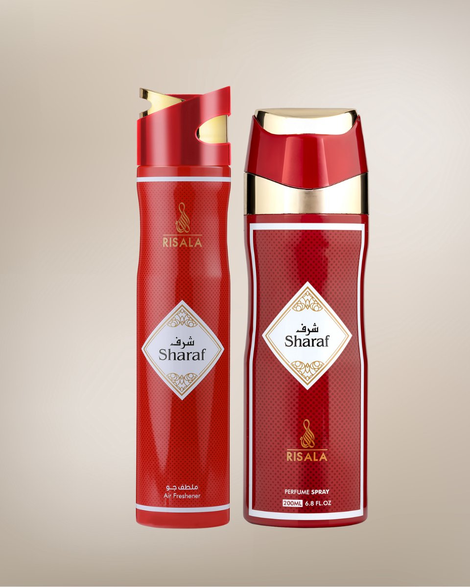 Risala Sharaf Set – Deodorant Spray 200ml + Air Freshener 300ml – Long Lasting Arabic Oriental Fragrance from Dubai – Mandarin, White Blossom, Musk & Amber Scent