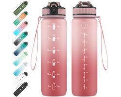EYQ 1 l waterfles, 1 liter waterfles met rietje, 32 oz lekvrije motiverende sportdrankfles met tijdmarkering, Tritan BPA-vrij, drinkflessen voor fitness, school, sportschool, buitensport