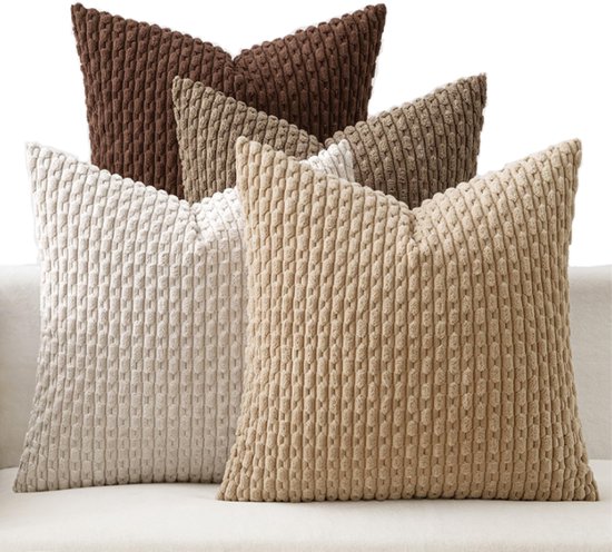 Set van 4 Kussenhoes 45x45 cm - Decoratieve Corduroy Kussenhoes - met Rits - Zonder Binnenkussen - Boho - Gestreepte Vierkante Kussenslopen - voor Bank, Slaapkamer, Auto, Decoratie