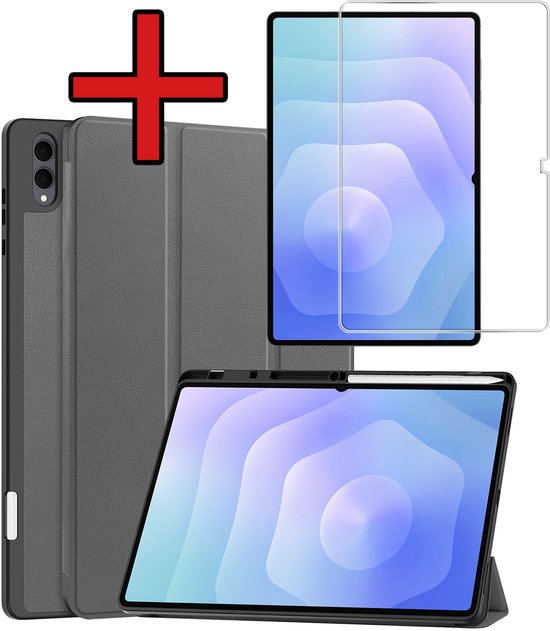 Hoesje - Geschikt voor Samsung Galaxy Tab S11 Ultra - Met Screenprotector - Trifold Bookcase Hoes - Hard Cover Case - Met Uitsparing Geschikt voor S Pen - Hardcover Book - Tablethoes - Grijs