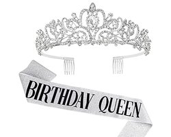 DRESHOW Birthday Crown and Sash for Women Birthday Queen Sash & Rhinestone Tiara Suit Birthday Tiaras and Sashes for Girls Birthday Decorations Hair Accessories Glitter Sash for Party