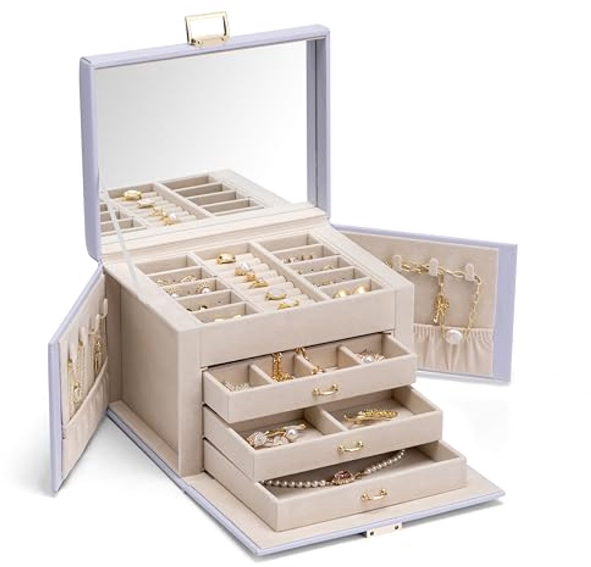 Vlando Jewelry Box for Women, Faux Leather Jewelry Box with Mirror, Earrings Necklace Rings Storage
