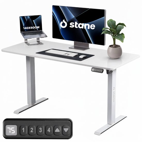 Stane Zit Sta Bureau Elektrisch Verstelbaar - 4 Geheugen Standen - Incl. Kabelgoot - 140 x 60 cm - Wit
