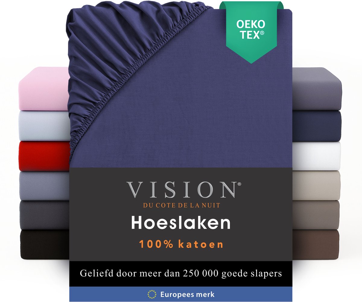VISION Hoeslaken - 100% katoen - 180x200 cm met ruime hoek van 30cm - Geschikt voor boxspring matras - Marineblauw - Oekotex gecertificeerd