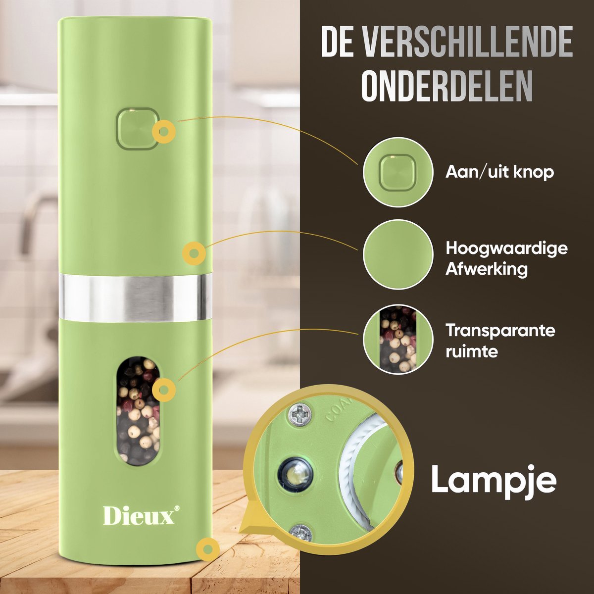 Dieux - Elektrisch Peper en Zoutmolen set - Groen - Pepermolen - Zoutmolen - 2 stuks - Instelbare maalgraad - Hervulbaar - Barbecue - BBQ accesoires - Luxe kwaliteit - Kruidenmolen — cadeau in Kookcadeaus - foto 5