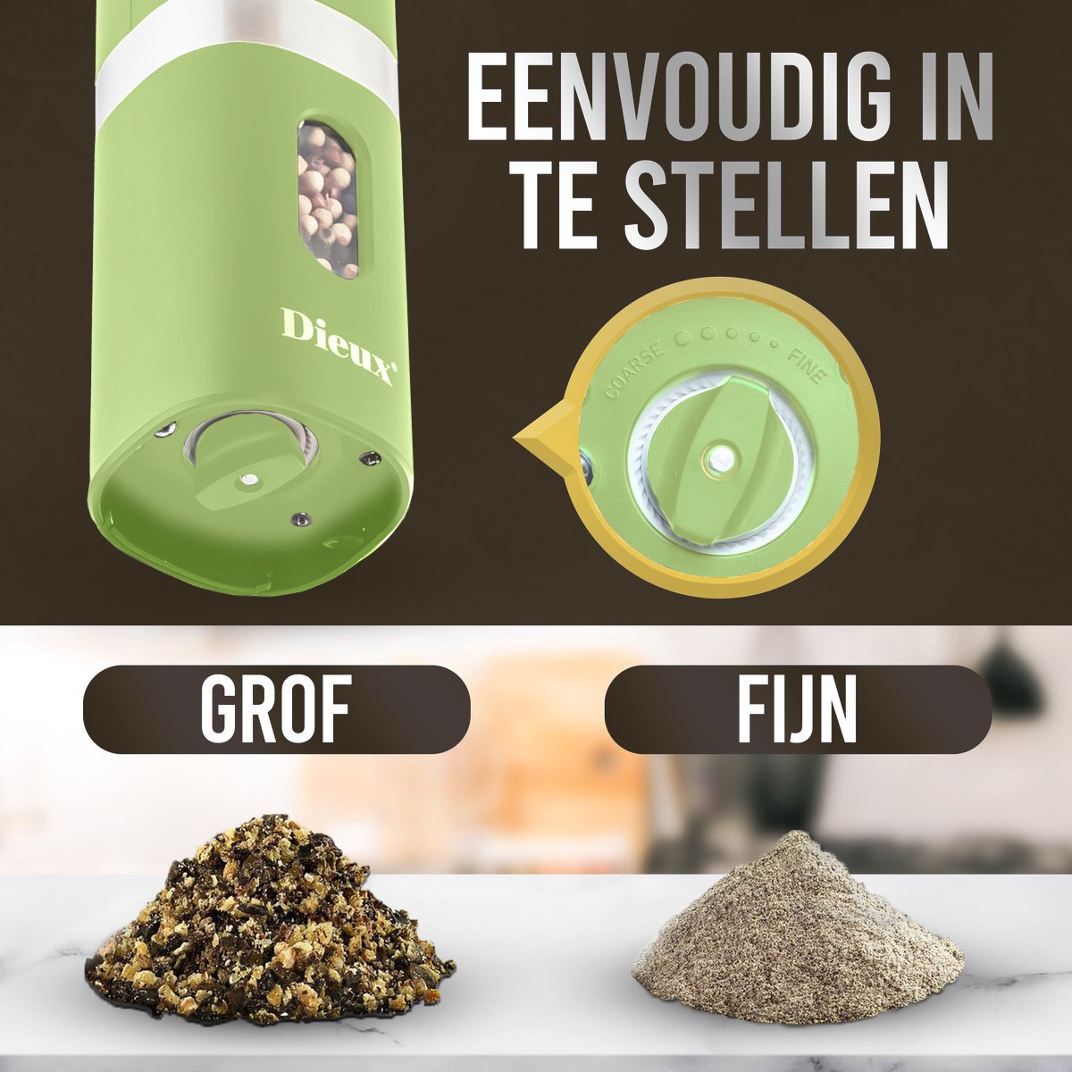 Dieux - Elektrisch Peper en Zoutmolen set - Groen - Pepermolen - Zoutmolen - 2 stuks - Instelbare maalgraad - Hervulbaar - Barbecue - BBQ accesoires - Luxe kwaliteit - Kruidenmolen — cadeau in Kookcadeaus - foto 3