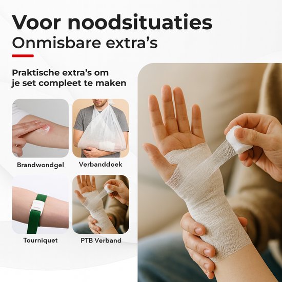 Visuals van brandwondengels, een verbanddoos, tourniquet en PTB-verband. Een hand wordt verbonden met gaas.