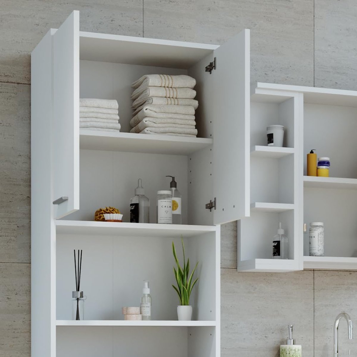 Luxe Hoge Badkamerkast “Maris” – Wit – 56x190x30 cm – Moderne Waskast met Deuren & Open Planken – Ruime Opbergkast voor Handdoeken, Badkameraccessoires & Cosmetica – Stijlvolle Opbergmeubel voor Badkamer, Gastentoilet of Bijkeuken