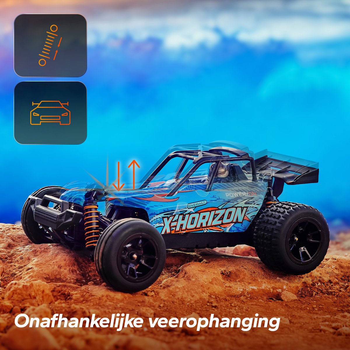 Overmax X-Horizon RC Auto 4x4 – 30 km/u – LED Verlichting, Dubbele Accu tot 40 min, Vering, Lage Bodemvrijheid, 2 Carrosserieën, Achterwielsteun, Digitale Connectie – Offroad Racewagen voor Kinderen & Volwassenen – Bestuurbare Auto — afbeelding 4