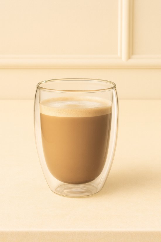 Un verre à double paroi rempli de café et de mousse de lait.