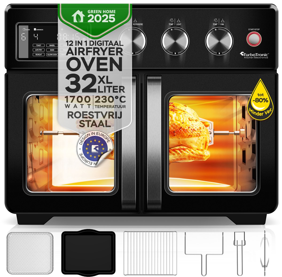 TurboTronic AFD32 Airfryer XXL en Oven – Dubbele Deur - 32 Liter – Zwart