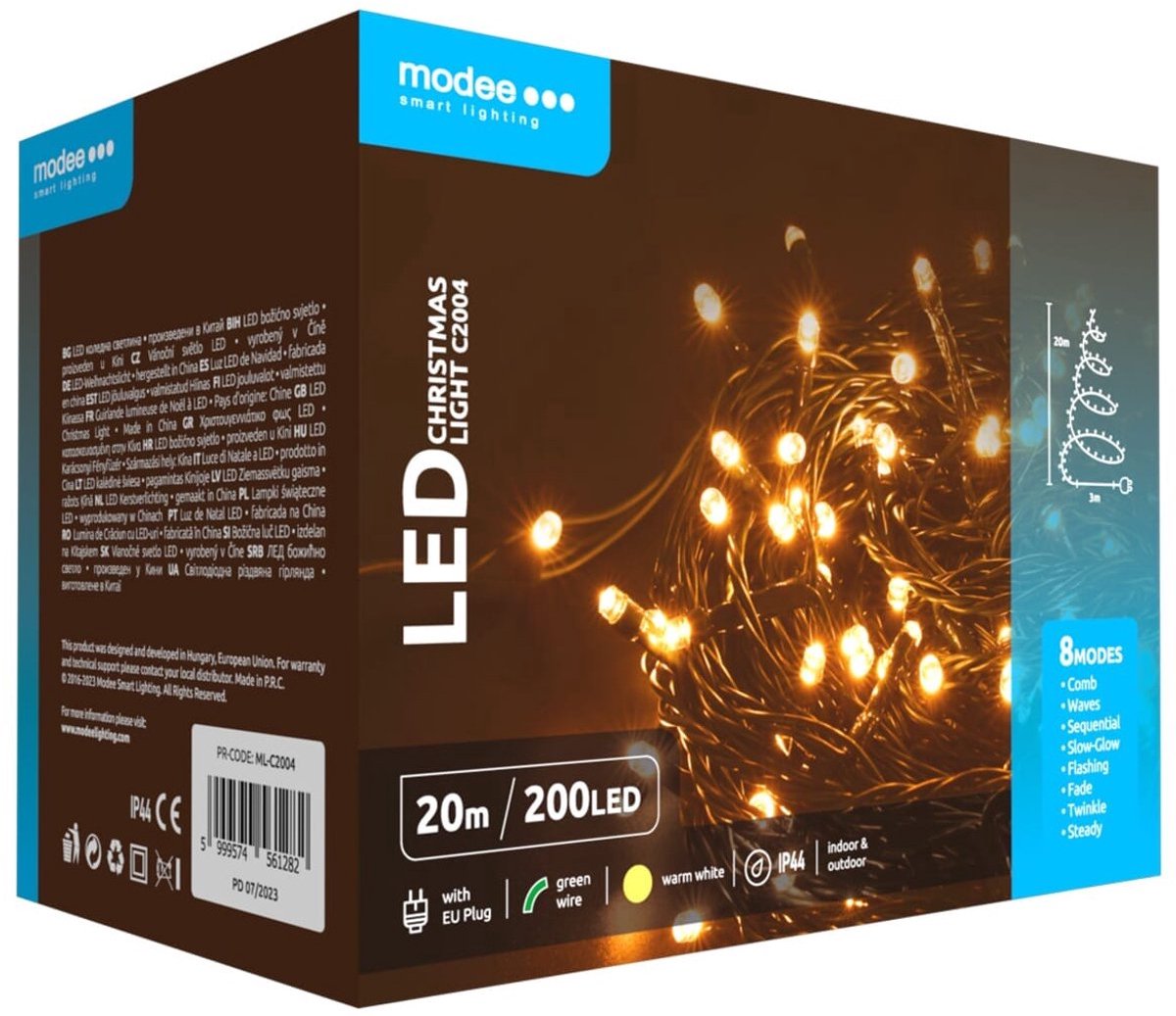 Modee Lichtsnoer Kerst 20 Meter - Kerstverlichting voor Buiten en Binnen - 200 LED Lampjes 8 Lichtstanden - IP44 - 2550K - Warm Wit Licht - 3 stuks
