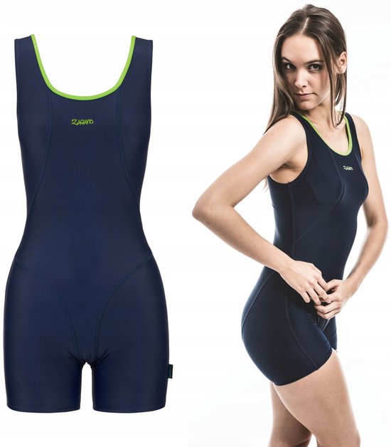 Zagano - Maillot de bain shorty pour femme - Taille 34 - Bleu foncé/Vert - Séchage rapide - Résistant au chlore - Résistant aux UV