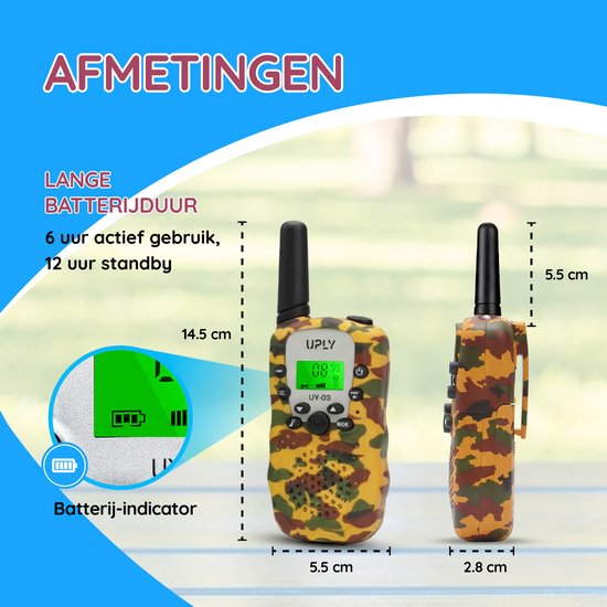 Twee UPLY walkie-talkies in geel met camouflageprint. Afmetingen: 14,5 cm hoog, 5,5 cm breed.