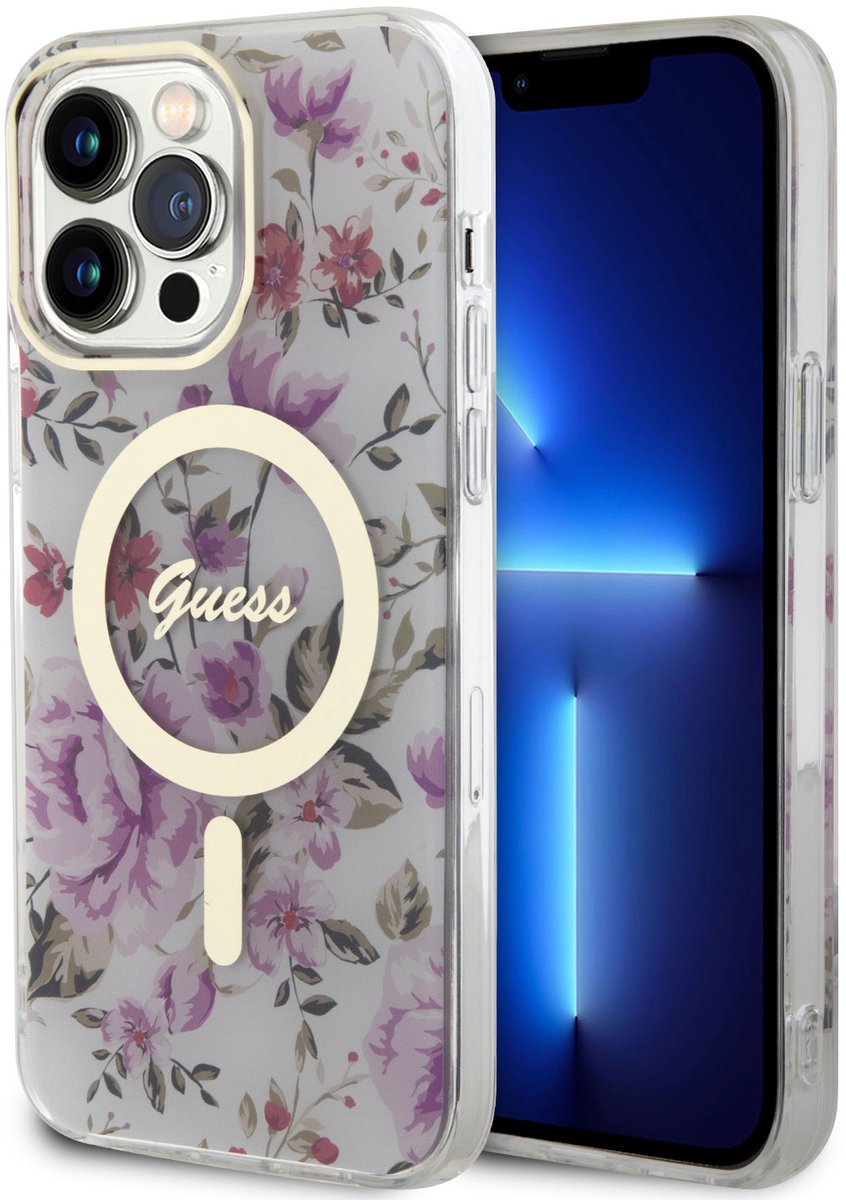Guess Back Cover - iPhone 15 Pro - Transparant - MagSafe-compatibel - Bloemenprint