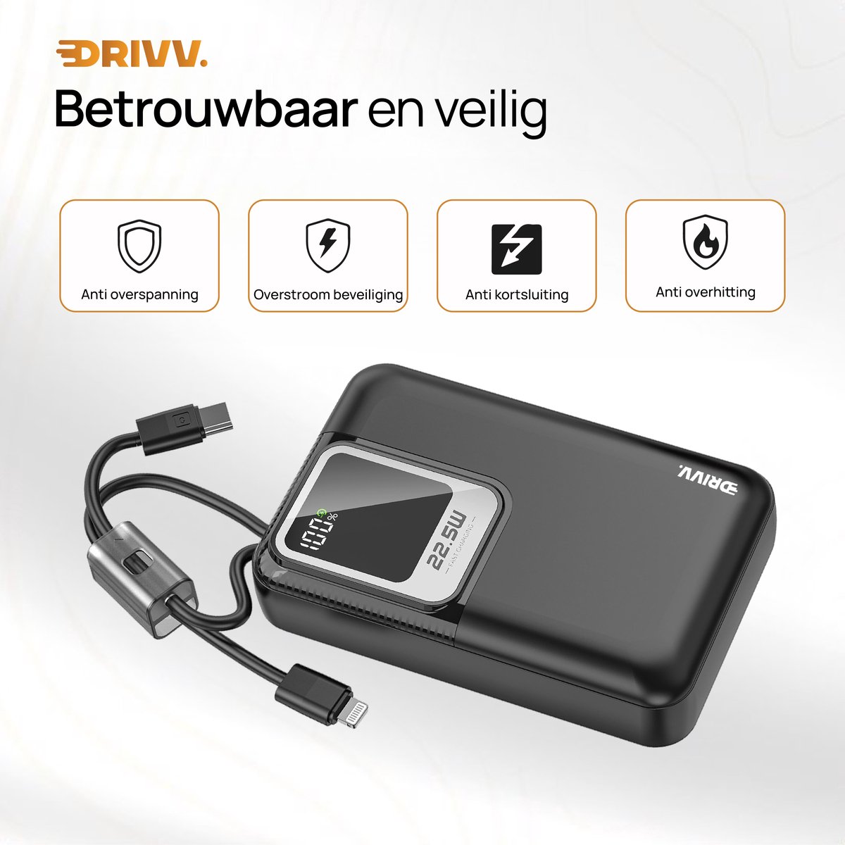 Drivv. Powerbank 20.000 mAh met Ingebouwde Kabels - afbeelding 3
