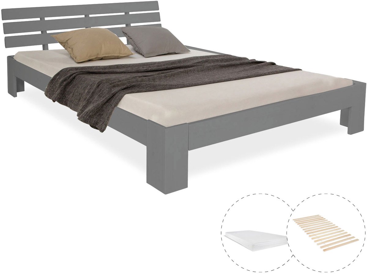 Homestyle4u Twijfelaarbedden - 120x200 cm - Houten bed - met matras en lattenbodem - Grijs