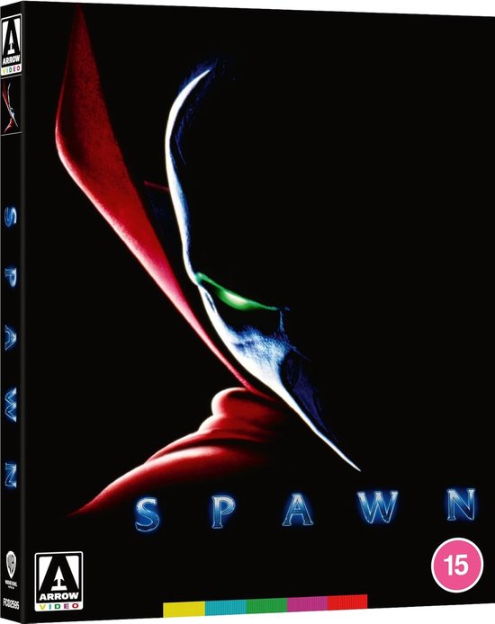 Spawn-blu-ray met close-up van Spawn's masker. Met Arrow Video-logo en leeftijdsclassificatie 15.
