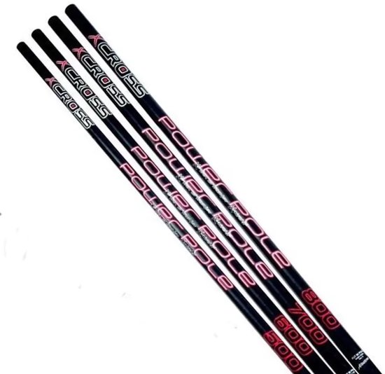 Vier zwarte X-CROSS POWER POLE hengels met rode letters: 800, 700, 600 en 500.