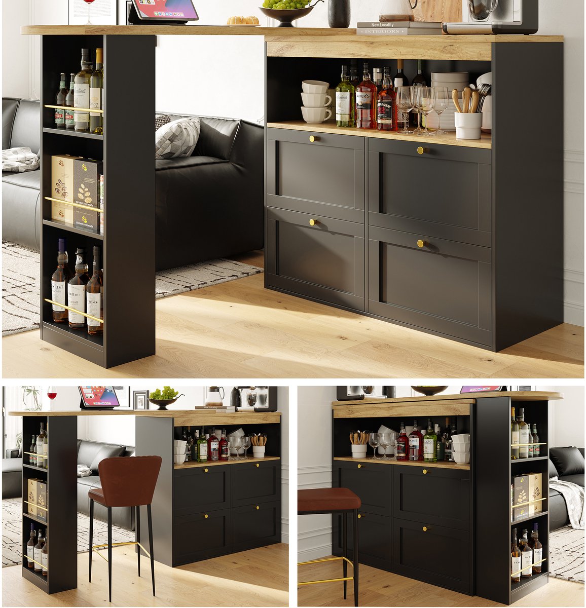 360° Draaibare Bartafel (105x39x102 cm) - Met 4 Lades & Open Opbergvakken - Voor Woonkamer, Eetkamer of Kantoor