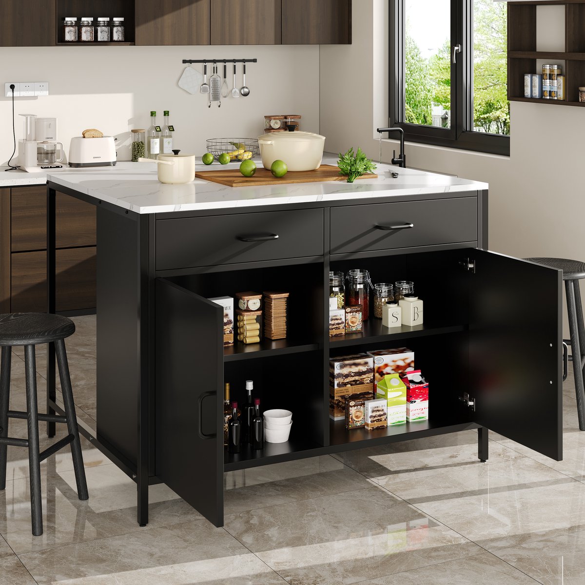 Hoge Tafel - Zwarte Moderne Bartafel met Marmer Print Werkblad & Verstelbare Voeten - Voor Woonkamer of Eetkamer als Koffiebar