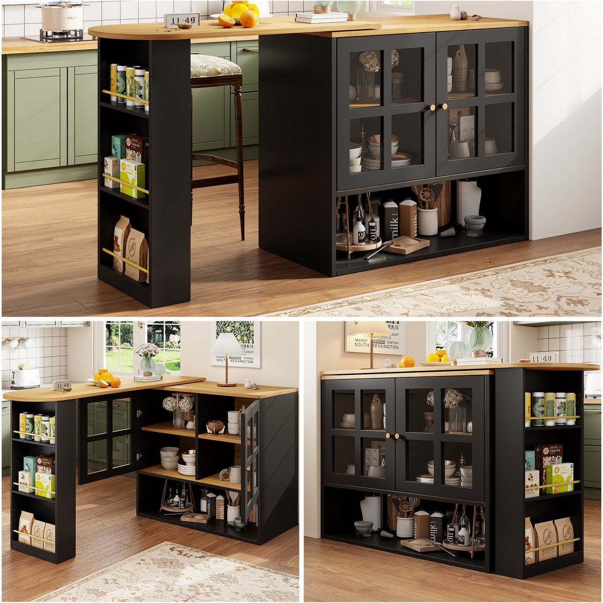 360° Draaibare Bar - Zwart Moderne Multifunctionele Snackbar met 5 Planken & Glas Deur - Voor Slaapkamer, Woonkamer of Eetkamer