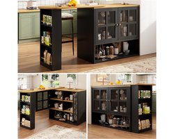 360° Draaibare Bar - Zwart Moderne Multifunctionele Snackbar met 5 Planken & Glas Deur - Voor Slaapkamer, Woonkamer of Eetkamer